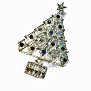Vintage Eisenberg Ice Christmas Tree Brooch silvertone filigree colorful stones